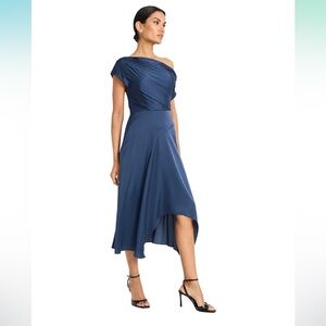 maggy london Demetra off shoulder Midi Dress A-line Asymmetric Ensign Blue 8 New